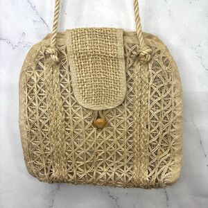 Vintage 70s peasant Rattan Straw Tote Woven Bag Beach Knitting Cottagecore Folk